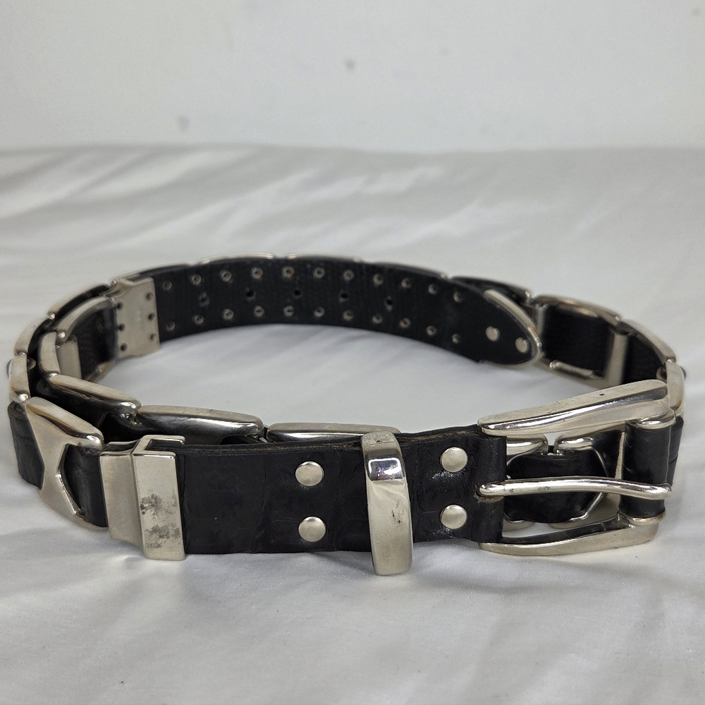 Nanni Men's Black and Silver Metal Leather Belt Made In Italy
